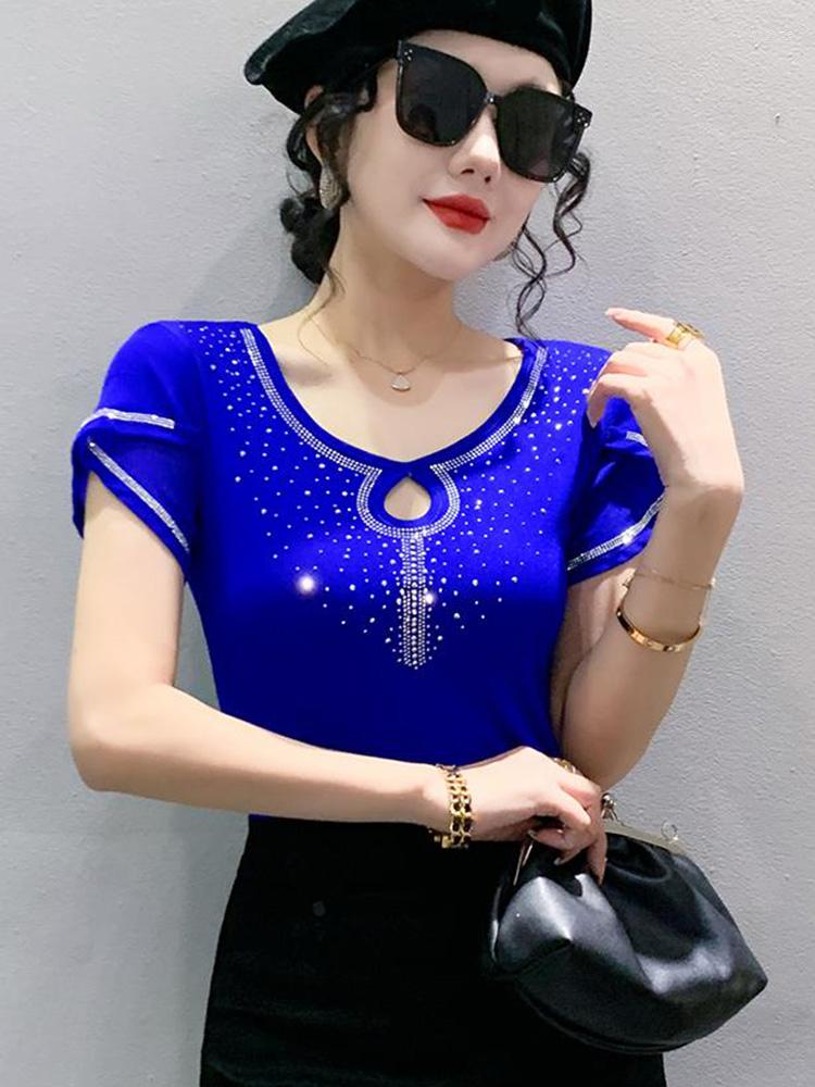 Women's T Shirts Summer Short Sleeved Women's T-Shirt Elegant Slim Drilling Mesh Tops M-3XL Black Blue Female Blusas Clothes