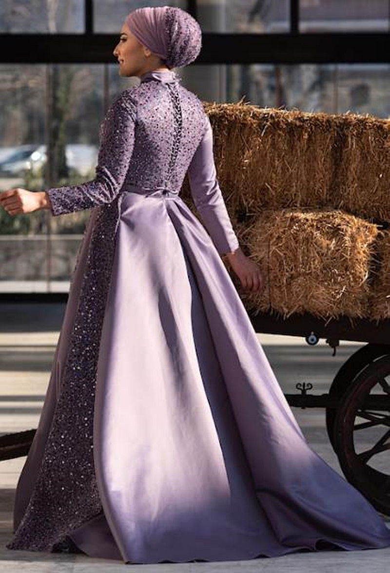 Elegant Lavender Satin Muslim Evening Dresses Hijab Turkish Islamic Women Formal Event Gowns High Neck Long Sleeves Sequins Pearls Beaded A Line Prom 