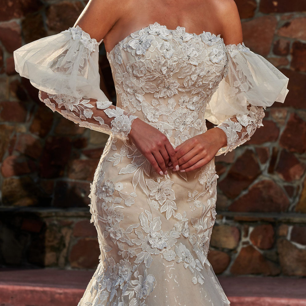 Fancy Mermaid Wedding Dress Champagne with Ivory Strapless Bridal Gowns Tulle over Sequined Tulle Fit and Flare Strapless Applique with Beads Sequins 