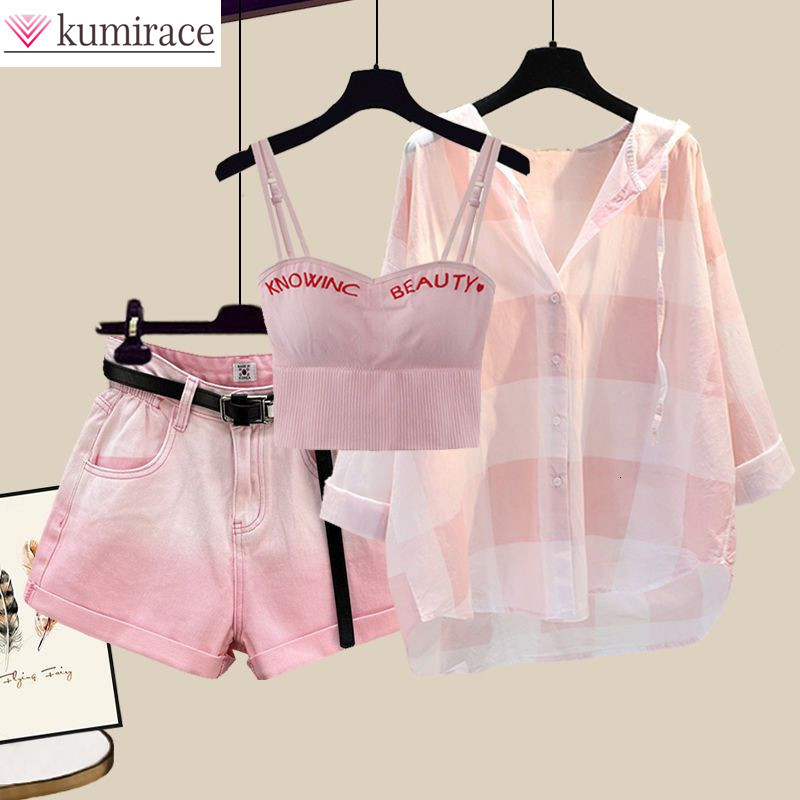 Women's Two Piece Pants Fashion Tie-dyed Shorts Sunscreen Plaid Shirt Pink Bra Three-piece Elegant Women's Pants Set Summer Outfits Tracksui