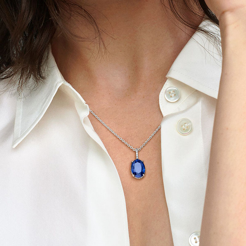 Blue Statement Halo Pendant Necklace 925 Sterling Silver Wedding Necklaces Jewelry For Women Crystal Diamond necklace with Retail Box