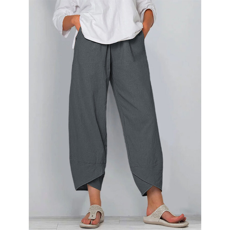 Women's Pants Capris Women Cotton Linen Pants Loose Comfort Elastic Waist Harem Pants Vintage Solid Casual Pockets Wide Leg Trousers Cropped Pant
