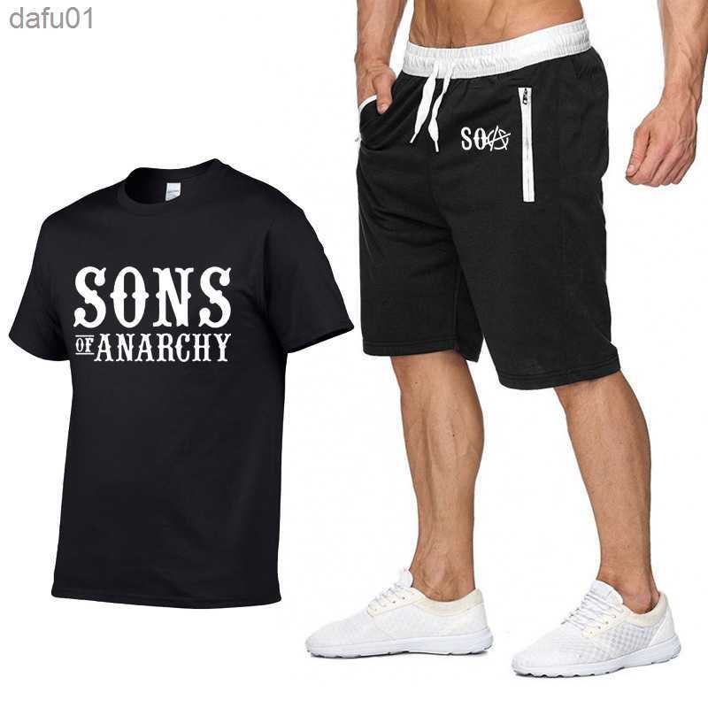 Summer Men's Suit SOA Sons of anarchy Printed Clothes Sportswear Suit Mans Short Sleeve Cotton T-shirt Shorts 2-Piece Set L230520