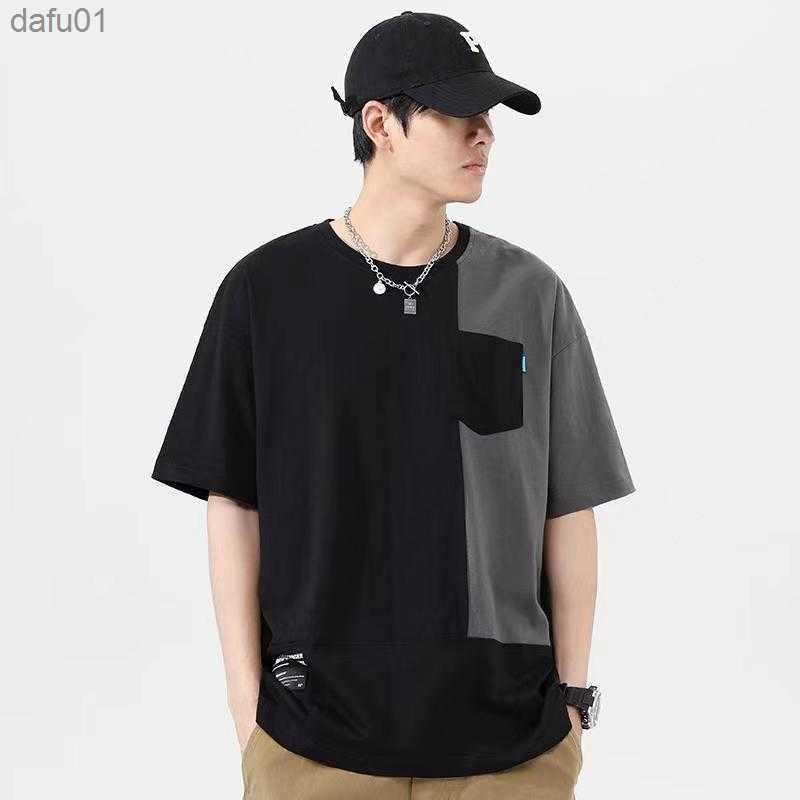 Men's Clothing Fashion Young Style Popularity Casual Straightsummer Pullovers Patchwork Asymmetrical Pockets Round Neck T-Shirts L230520