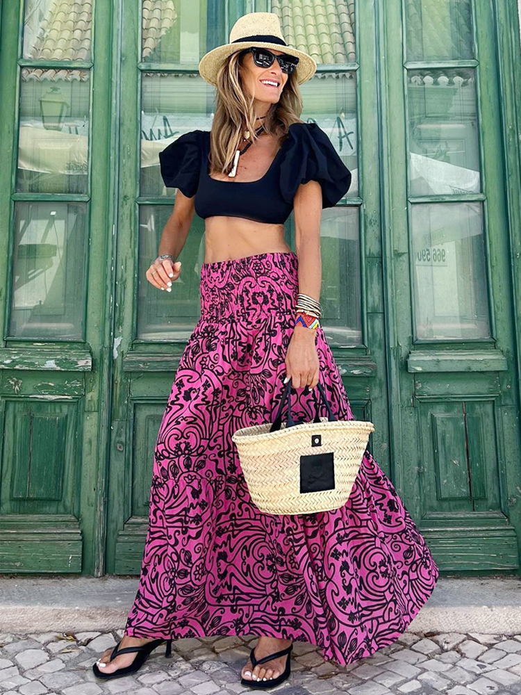 Skirts Elastic High Waist Long ALine Skirt Floral Women Casual Beach Party Faldas Female Boho Holiday Maxi 230607