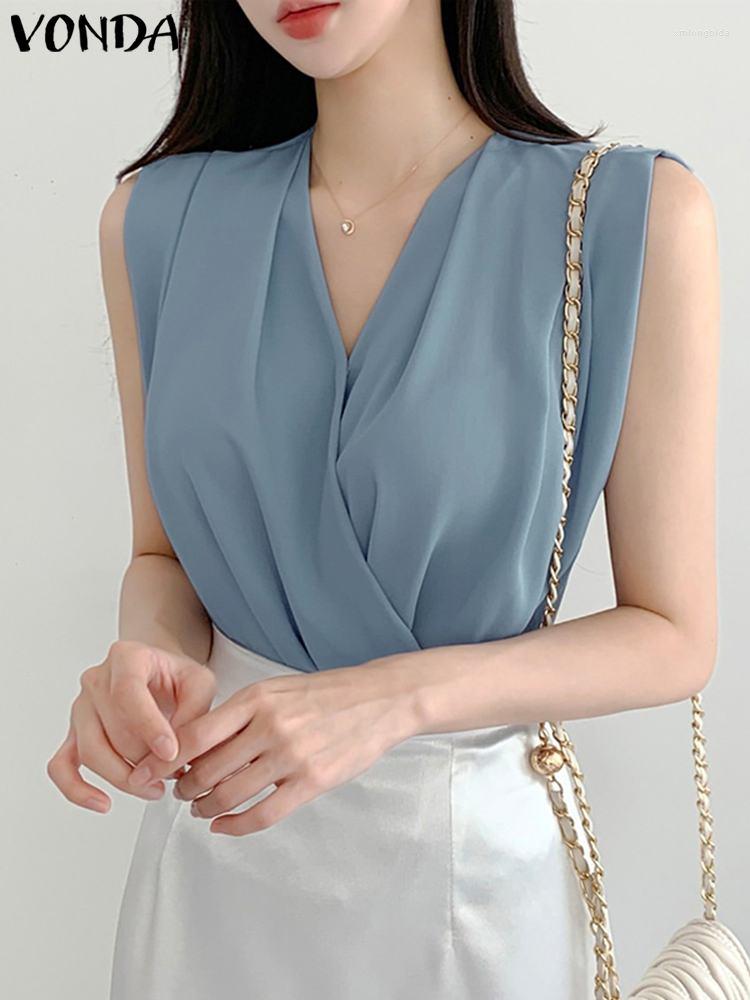 Women's Blouses 2023 VONDA Summer Tops Women Sexy Sleeveless V-Neck Elegant OL Office Fashion Casual Pleated Shirts Solid Color Blusas, Dark blue
Women's Blouses 2023 VONDA Summer Tops Women Sexy Sleeveless V-Neck Elegant OL Office Fashion Casual Pleated Shirts Solid Color Blusas, Dark blue