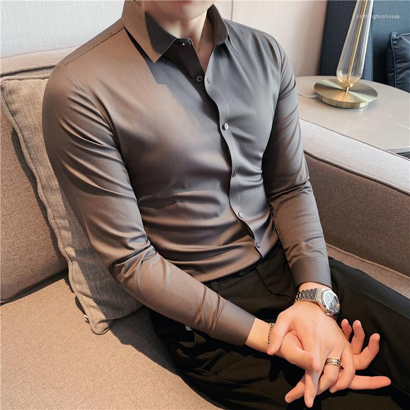 

Men's Casual Shirts British Style Non-Marking Glue Stretched Men Dress Long Sleeve Business Formal Wear Slim Fit Office Chemise Homme, White