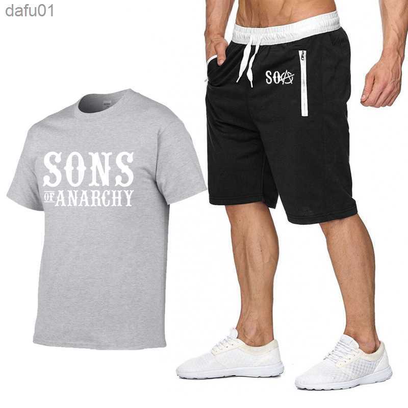 Summer Men's Suit SOA Sons of anarchy Printed Clothes Sportswear Suit Mans Short Sleeve Cotton T-shirt Shorts 2-Piece Set L230520
