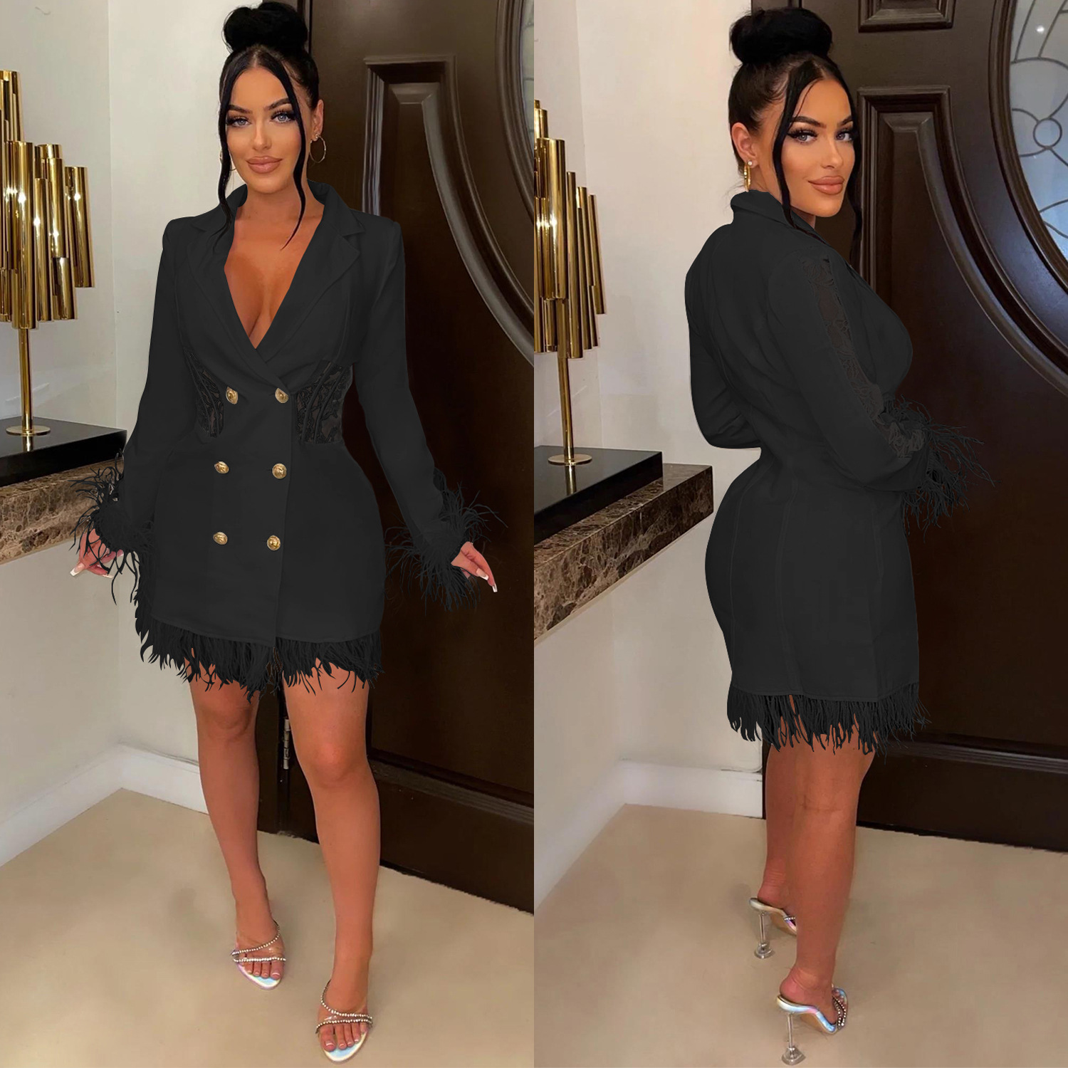 Elegant Feathers Sleeve Lace See Through Mini Dress Women Bodycon Dresses Party Club Celebrity Vacation Outfits Femme