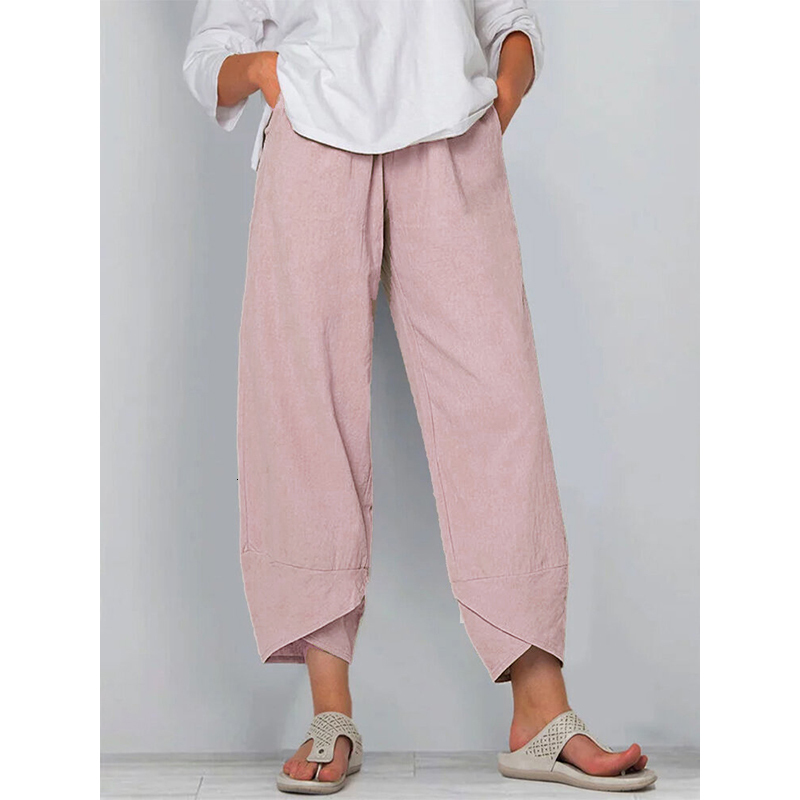 Women's Pants Capris Women Cotton Linen Pants Loose Comfort Elastic Waist Harem Pants Vintage Solid Casual Pockets Wide Leg Trousers Cropped Pant