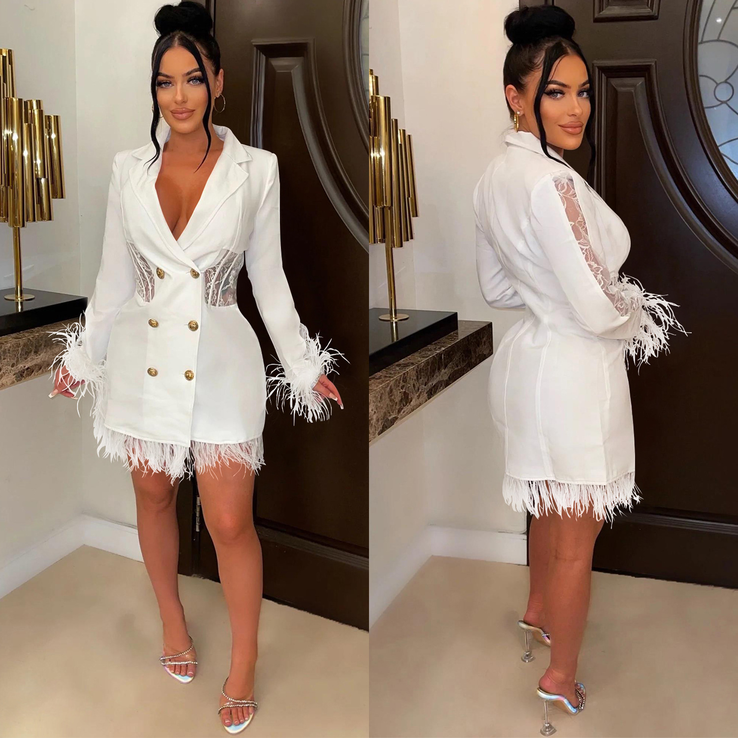 Elegant Feathers Sleeve Lace See Through Mini Dress Women Bodycon Dresses Party Club Celebrity Vacation Outfits Femme