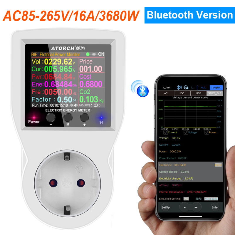 Image of Energy Meters Bluetooth Digital Wattmeter 220V AC Power Meter Electricity Consumption Energy Meter EU/US Plug Power Wattage Electricity Meter 230606