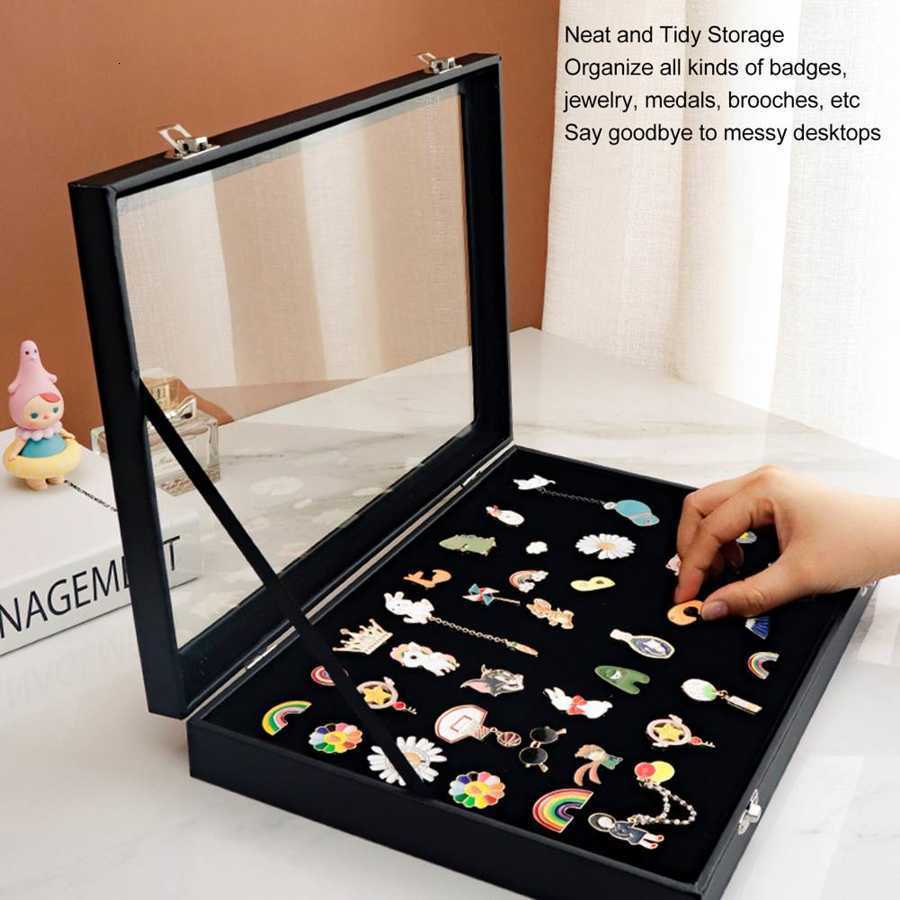 Jewelry Boxes Pin Jewelry Display Case Sponge Lining Transparent Lid Protective Medal Frame Box Black For Badge Collection 23