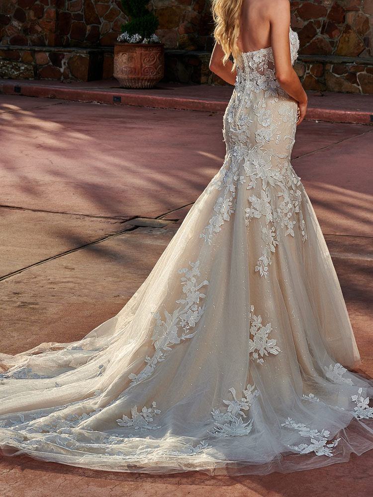 Fancy Mermaid Wedding Dress Champagne with Ivory Strapless Bridal Gowns Tulle over Sequined Tulle Fit and Flare Strapless Applique with Beads Sequins 