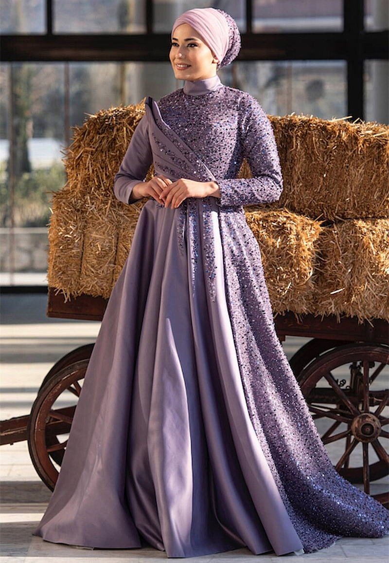 Elegant Lavender Satin Muslim Evening Dresses Hijab Turkish Islamic Women Formal Event Gowns High Neck Long Sleeves Sequins Pearls Beaded A Line Prom 