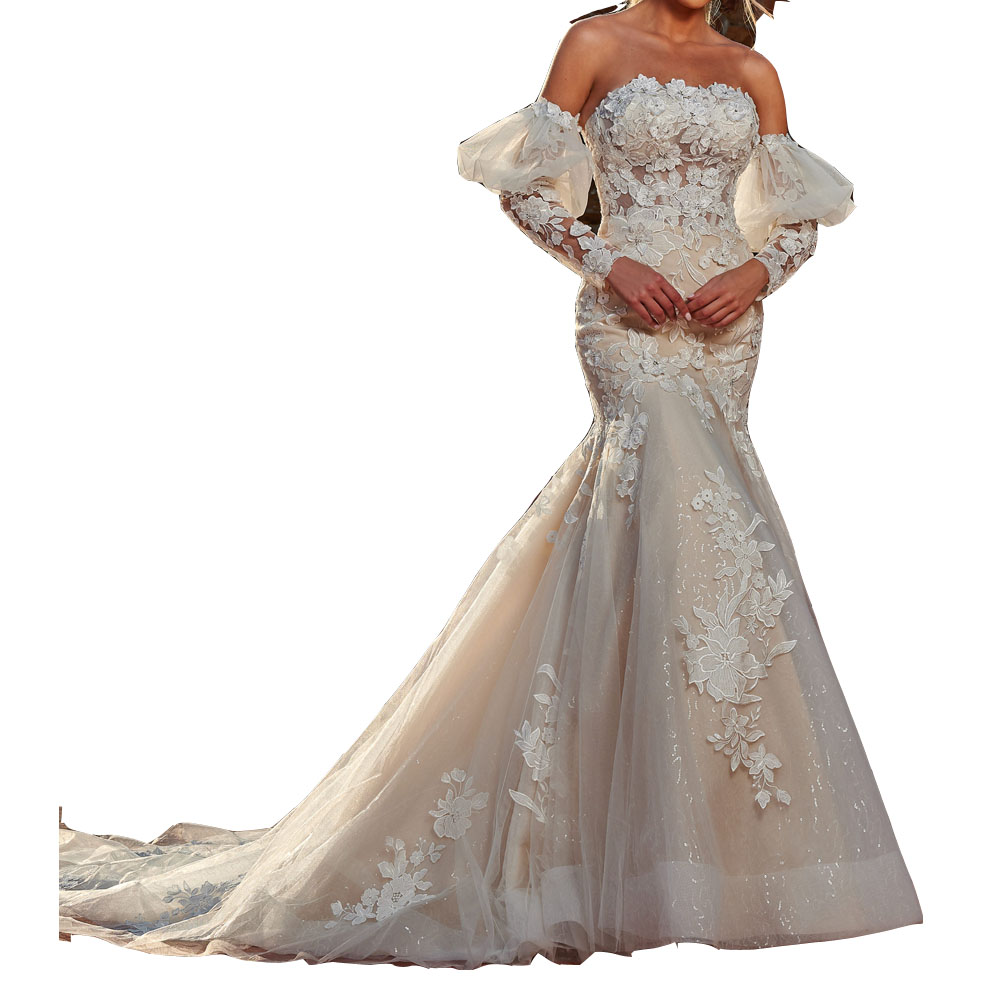 Fancy Mermaid Wedding Dress Champagne with Ivory Strapless Bridal Gowns Tulle over Sequined Tulle Fit and Flare Strapless Applique with Beads Sequins 