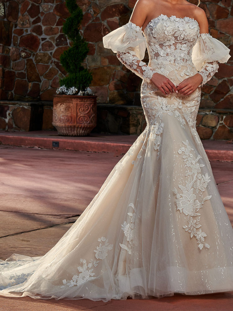 Fancy Mermaid Wedding Dress Champagne with Ivory Strapless Bridal Gowns Tulle over Sequined Tulle Fit and Flare Strapless Applique with Beads Sequins 