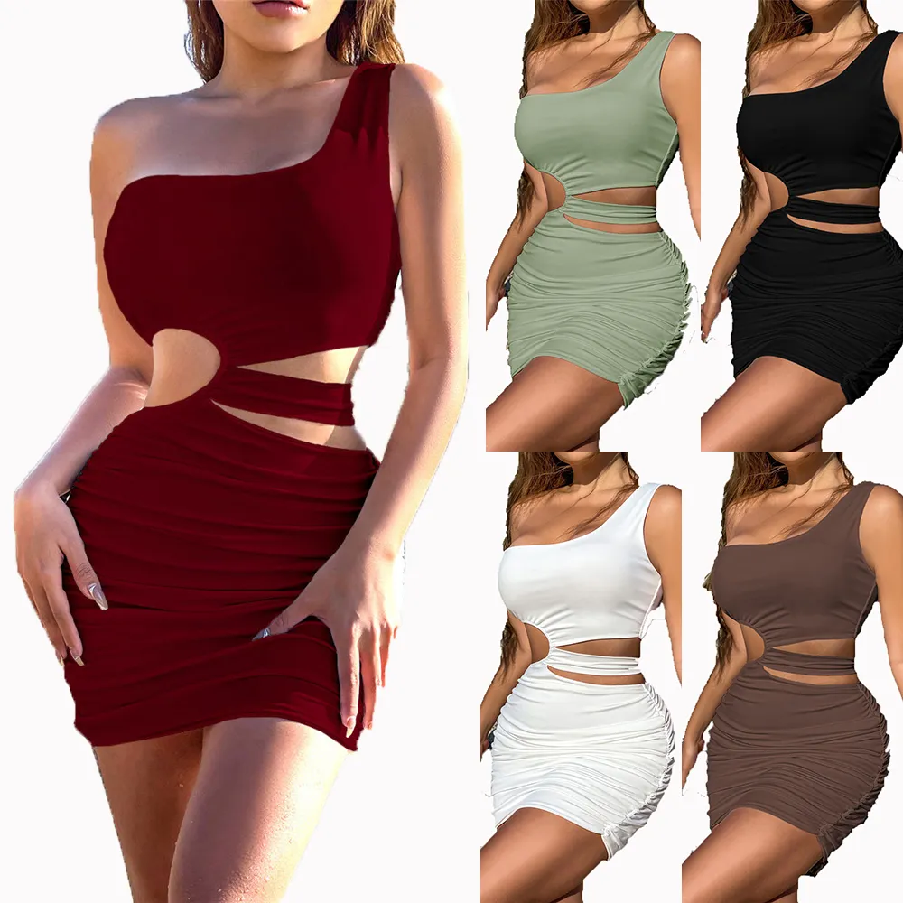 XS Designer Sexy Hollow Cut Out Dress Summer Women One-Shoulder Bodycon Mini Dresses Street Party Night Club Wear Elegant Vestidos Bulk Wholesale Clothes