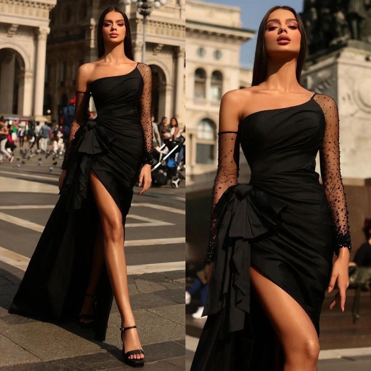 Sexy Black Prom Dresses One Shoulder Sheer Sleeves Party Evening Pleats Formal Long Special Ocn Dress 0226Lz
