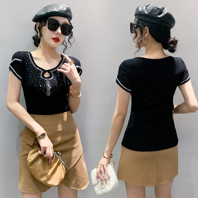 Women's T Shirts Summer Short Sleeved Women's T-Shirt Elegant Slim Drilling Mesh Tops M-3XL Black Blue Female Blusas Clothes