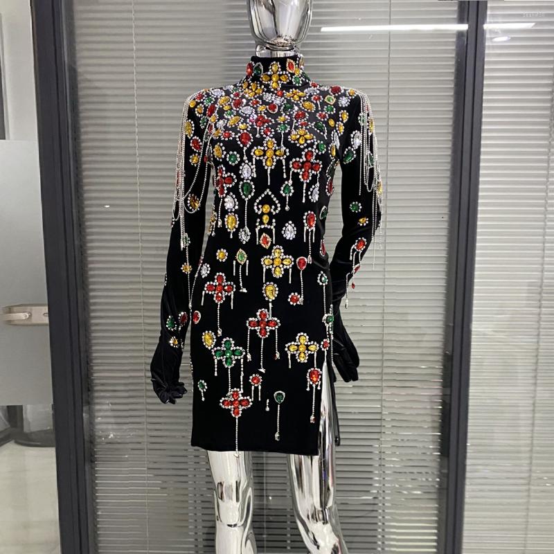 

Casual Dresses Sparkly Multi Colors Diamonds Women Long Sleeve Sexy Mini Bodycon Dress Celebrate Birthday Party Evening Stage Wear, Black