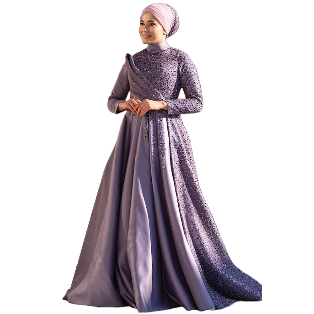 Elegant Lavender Satin Muslim Evening Dresses Hijab Turkish Islamic Women Formal Event Gowns High Neck Long Sleeves Sequins Pearls Beaded A Line Prom 