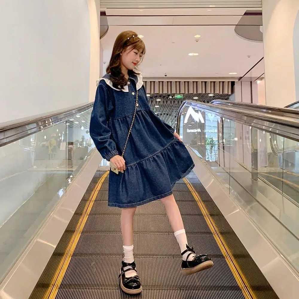 Girl's Dresses 6-15 Girls Long Sleeve Dress Children Blue Soft Denim Casual Style Kids Full for Grils10 13 R230607