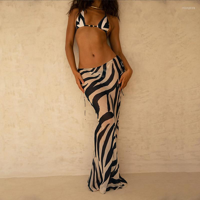 Womens Swimwear 3 Pieces Bikini Set Sexy Zebra Stripes Summer Beach Wear Triangle Bikinis Swimsuit With Skirt Cover-up