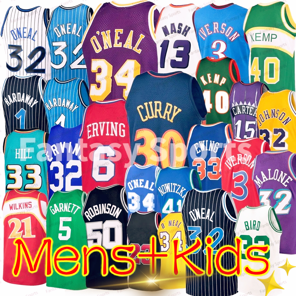 Men Kids Basketball jersey Shaq Rodman Bird Erving Ewing Kareem Hill kemp Durant Carter Iverson Curry Rose carter Youth Basketball Shirts Shaq Maillot de basketball