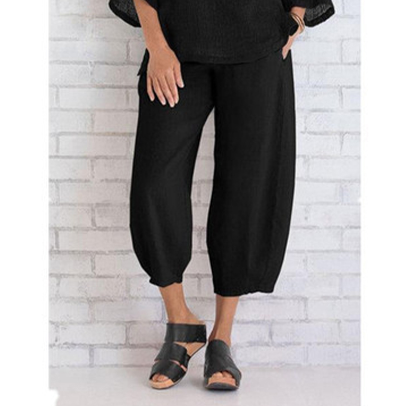 Women's Pants Capris Women Cotton Linen Pants Loose Comfort Elastic Waist Harem Pants Vintage Solid Casual Pockets Wide Leg Trousers Cropped Pant
