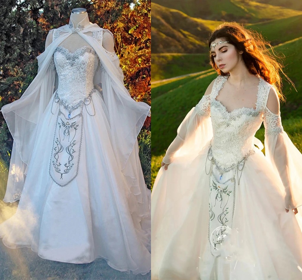 Dresses Medieval Wedding Een Cape Hood Fairy Long Sleeves Lace Embroidery Renaissance Fantasy Victorian Bride Gown