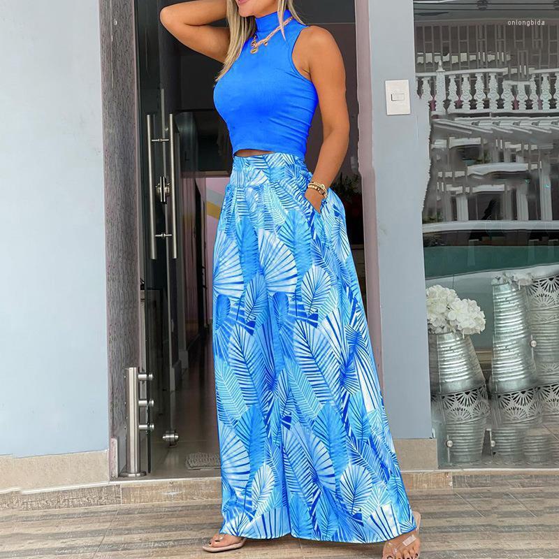 Women's Two Piece Pants Sets Womens Outifits 2023 Summer Fashion Print Turtleneck Sleeveless Crop Top & Pocket Design Wide Leg Long Set