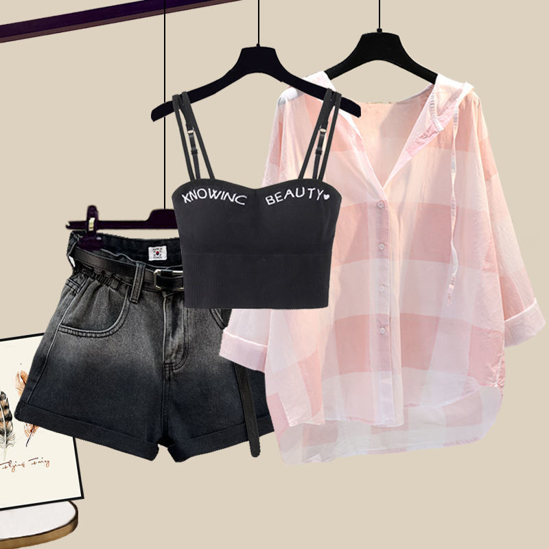 Women's Two Piece Pants Fashion Tie-dyed Shorts Sunscreen Plaid Shirt Pink Bra Three-piece Elegant Women's Pants Set Summer Outfits Tracksui