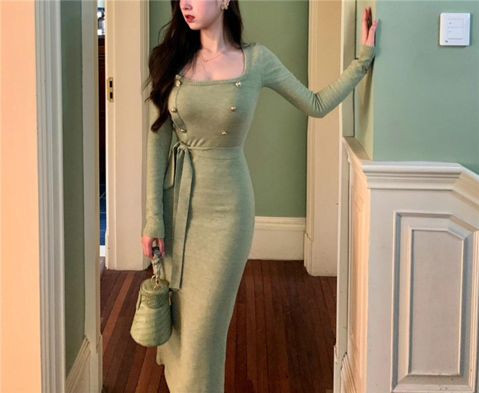 Casual Dresses Women Autumn Knitted Dress Square Collar Sexy Slim Elastic Basic Bodycon Sweater Winter Knit Warm Long Korean Style, Green
Casual Dresses Women Autumn Knitted Dress Square Collar Sexy Slim Elastic Basic Bodycon Sweater Winter Knit Warm Long Korean Style, Green