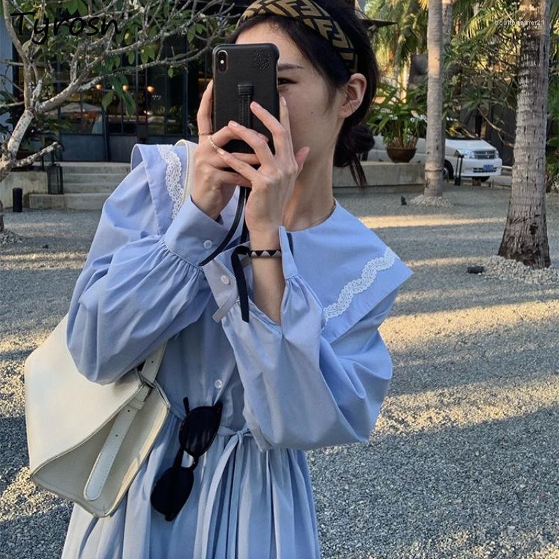 Casual Dresses Sailor Collar Long Sleeve A Line Dress Mid Calf Waistbands Blue Slender Elegant Exquisite Chic French Style Women Vestido
Casual Dresses Sailor Collar Long Sleeve A Line Dress Mid Calf Waistbands Blue Slender Elegant Exquisite Chic French Style Women Vestido