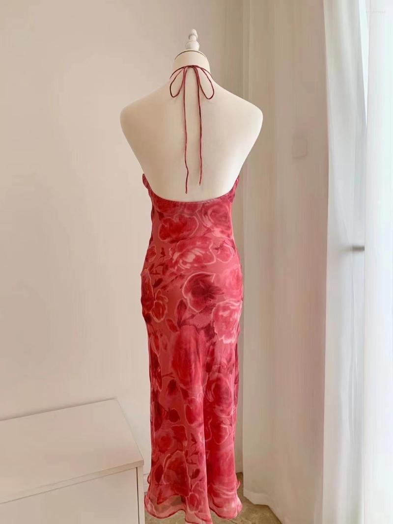 Casual Dresses Women Halter Neck Strapless Floral Print Sleeveless Silk 2023 Summer Midi Dress