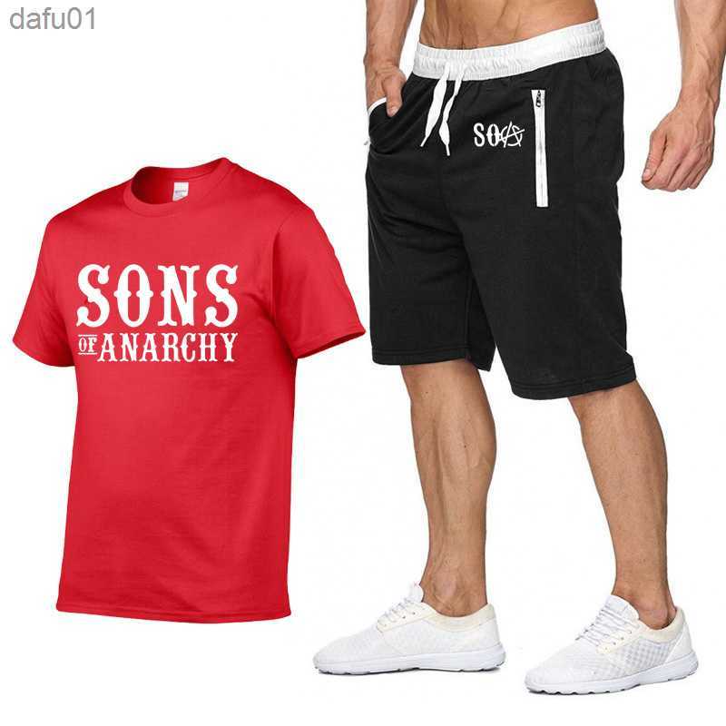 Summer Men's Suit SOA Sons of anarchy Printed Clothes Sportswear Suit Mans Short Sleeve Cotton T-shirt Shorts 2-Piece Set L230520