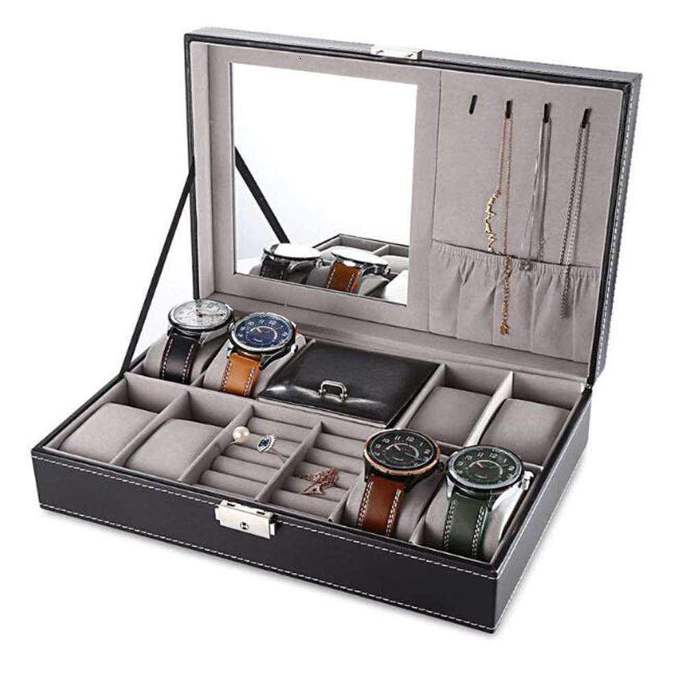 Jewelry Boxes Leather Watch Box 8 Mens Watch Organizer Jewelry Display Drawer Lockable Watch Case Organizer 8 Slots Rings Tray With Lock 2