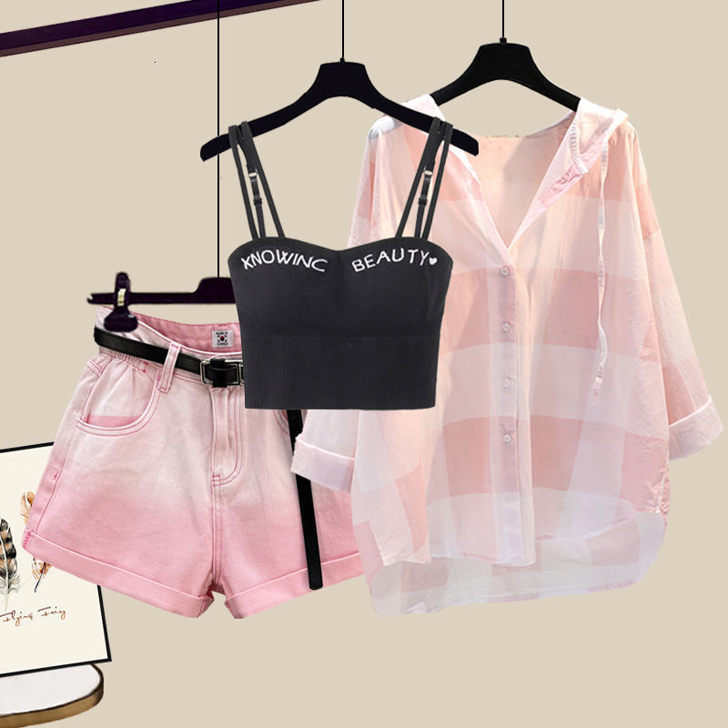Women's Two Piece Pants Fashion Tie-dyed Shorts Sunscreen Plaid Shirt Pink Bra Three-piece Elegant Women's Pants Set Summer Outfits Tracksui