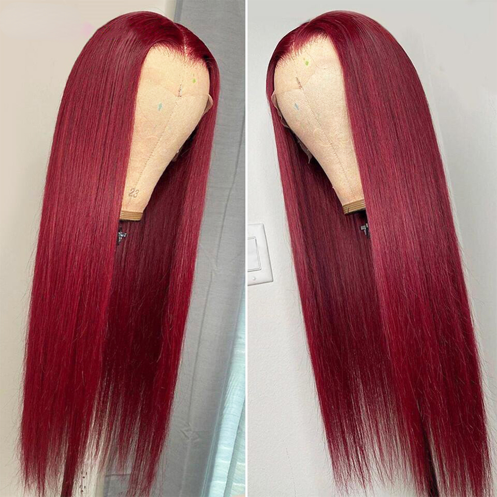 Free shipping Bury Straight Front Human Hair 13x4 Frontal Wig Wine Red Transparent Lace Synthetic Wigs for Women Preplucked