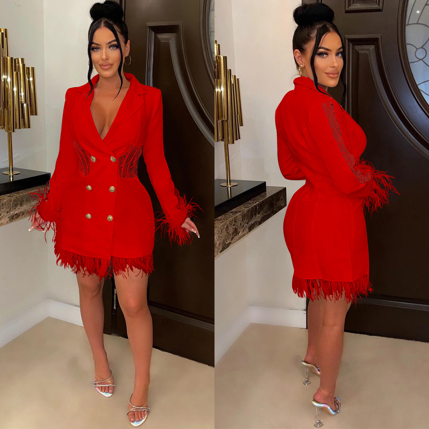 Elegant Feathers Sleeve Lace See Through Mini Dress Women Bodycon Dresses Party Club Celebrity Vacation Outfits Femme
