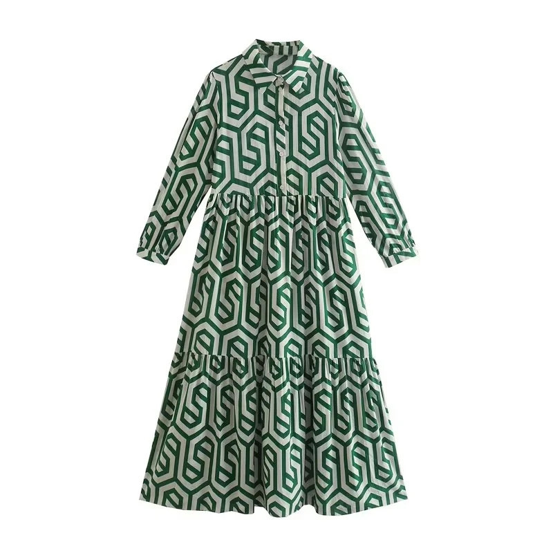 Women Two Piece Set Crew Neck Print Long Lantern Sleeve Top Elegant Dress High Streetwear