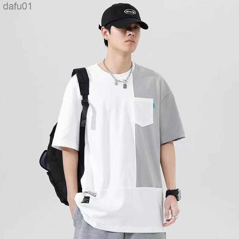 Men's Clothing Fashion Young Style Popularity Casual Straightsummer Pullovers Patchwork Asymmetrical Pockets Round Neck T-Shirts L230520