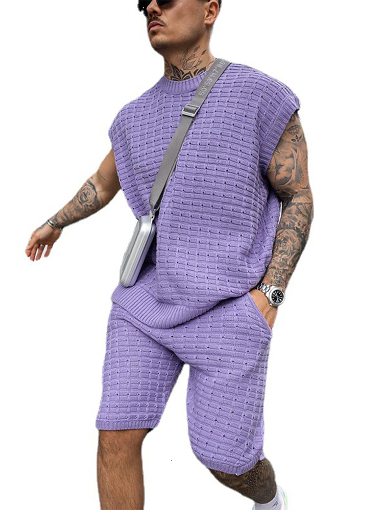 Men's Suits Blazers 2023 Summer Men's Fashion Set Knitted Solid Color Loose Set Two Piece Men's Casual O-Neck Zipper and Shorts Set