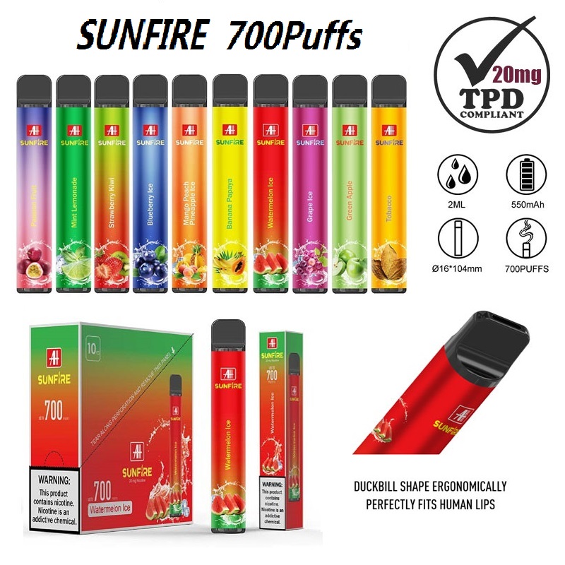 Authentic Sunfire TPD 700 Puffs Disposable Vape 2ml Prefilled 10 Registered Flavours 20mg E Cigarettes 550mAh Vapour Device Manufacturer Supply
Authentic Sunfire TPD 700 Puffs Disposable Vape 2ml Prefilled 10 Registered Flavours 20mg E Cigarettes 550mAh Vapour Device Manufacturer Supply