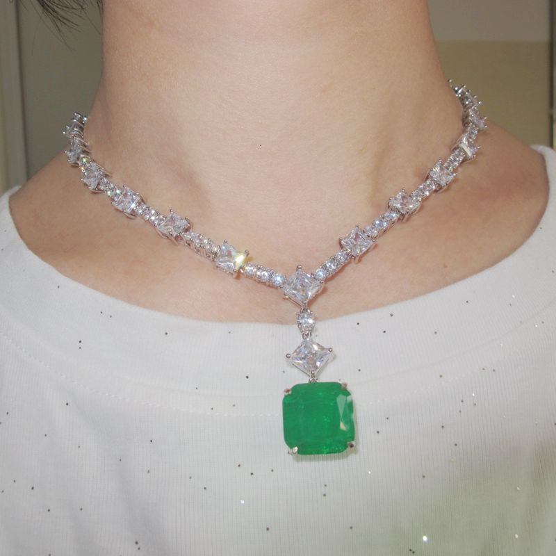 Pendant Necklaces KQDANCE Simulated 15mm Square Emerald Green Yellow Pink Diamond Tennis Necklace For Women Silver Gold plated Jewelry 230607