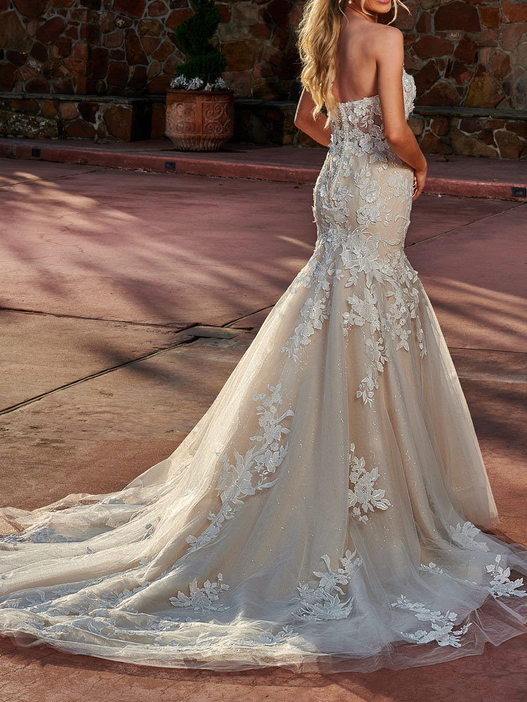 Fancy Mermaid Wedding Dress Champagne with Ivory Strapless Bridal Gowns Tulle over Sequined Tulle Fit and Flare Strapless Applique with Beads Sequins 