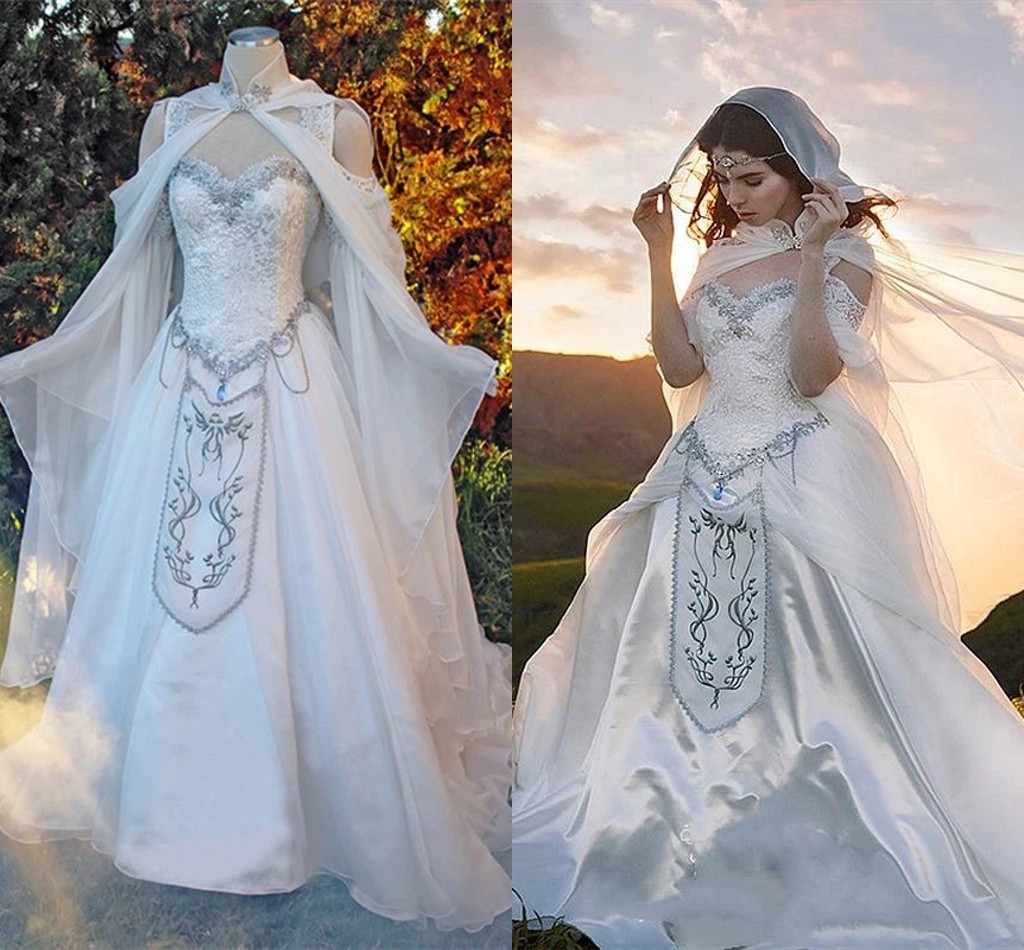 Dresses Medieval Wedding Een Cape Hood Fairy Long Sleeves Lace Embroidery Renaissance Fantasy Victorian Bride Gown