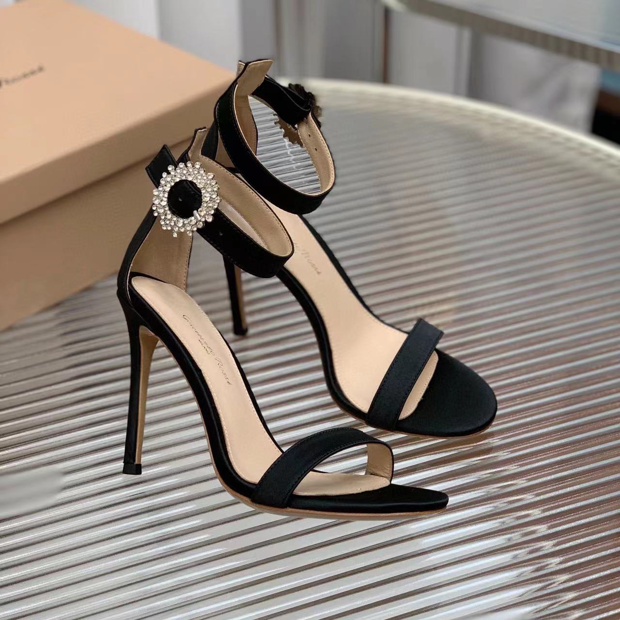 Designers sandals Top quality womens heels Satin Fashion sexy Women Wedding Dress stiletto heels Crystal Embellished rhinestone stiletto Heel ankle strap sandal