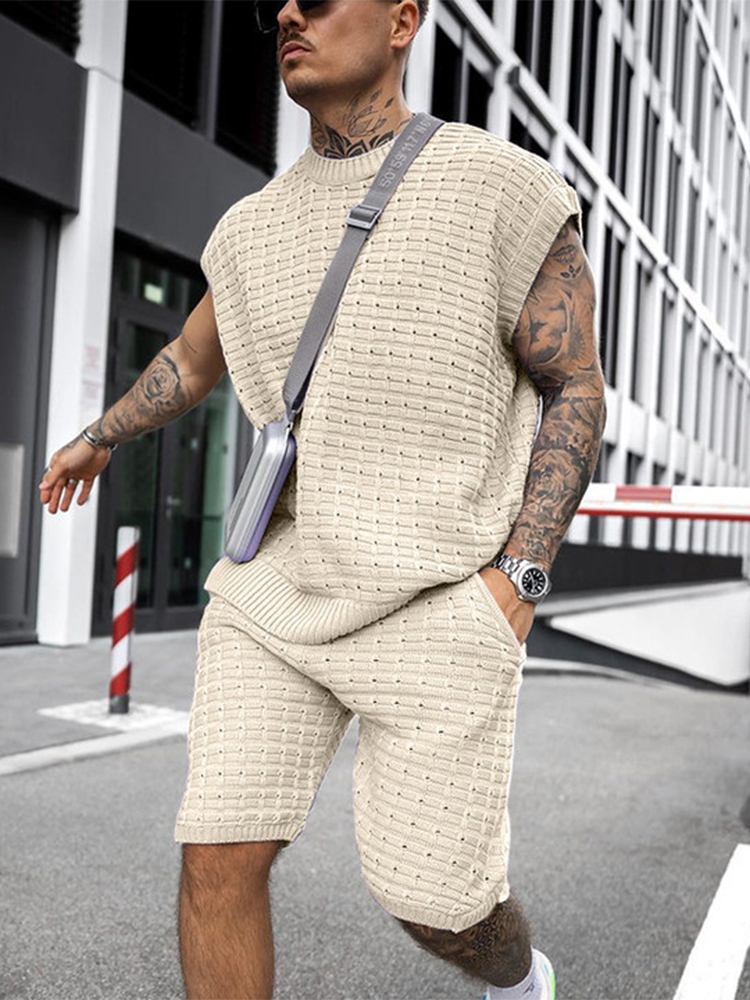Men's Suits Blazers 2023 Summer Men's Fashion Set Knitted Solid Color Loose Set Two Piece Men's Casual O-Neck Zipper and Shorts Set